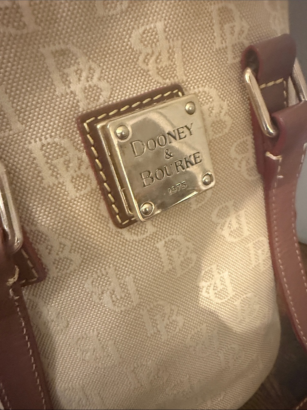 Dooney and Bourke Beige Canvas Bucket Tote with Brown Leather Trim - Picture 2 of 8